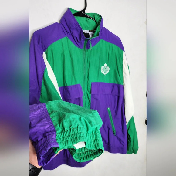 Vtge Retro Liz Sport Colorblock Green Purple Windbreaker Jacket  Size L - Picture 7 of 13